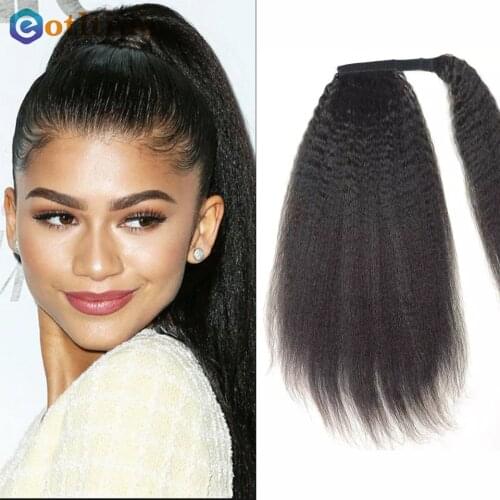Corn Wavy Long Ponytail Hairpiece Wrap on Clip Hair Extensions Afro Puff Pony Tail Hair Kinky Natural Black Color Heat Resistant