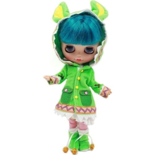 Outfit for Blyth doll Green Dinosair Coat and shoes with white dress and socks for 1/6 BJD NEO