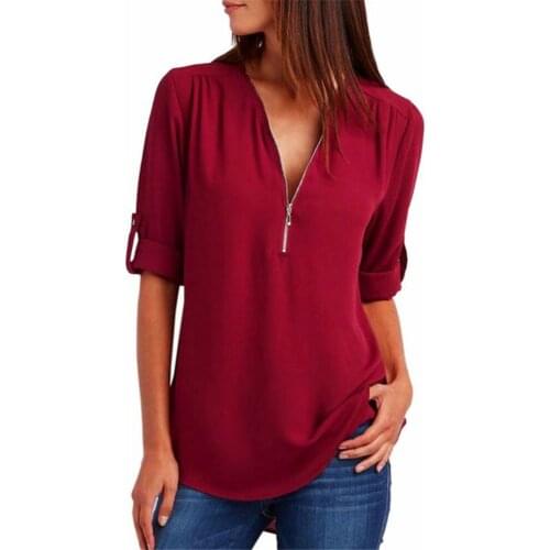 2021 New European and American Womens Hot Style V-neck Zipper Long-sleeved Printed Chiffon Top Shirt