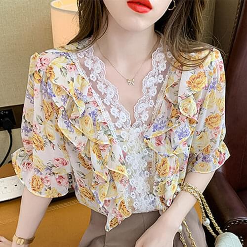2021 summer new style ruffled floral chiffon shirt womens lace short-sleeved shirt womens V-neck top
