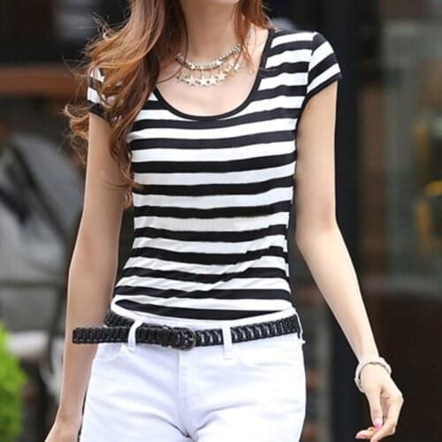 New Fashion Women Ladies Casual Short Sleeve O-Neck Short Slim Fit Tee Summer Striped Shirt 2021 Womans Clothes