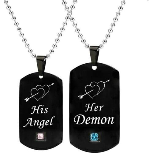 Poshfeel Stainless Steel Her Demons His Angels Couple Necklace for Men and Women Lovers Gifts
