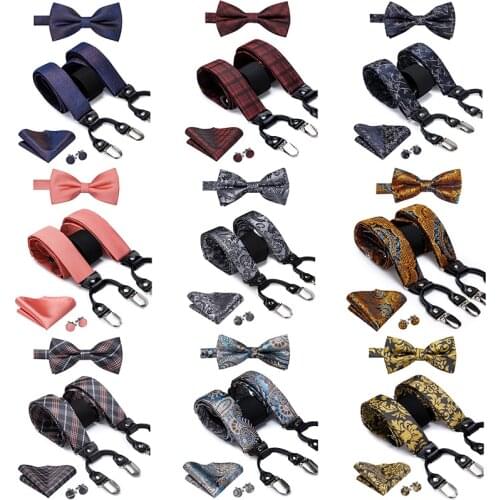 Hi-Tie Silk Mens Suspender and Bow Tie for Adult Men Leather 6 Clips Braces Vintage Floral Paisley Suspender Set for Wedding