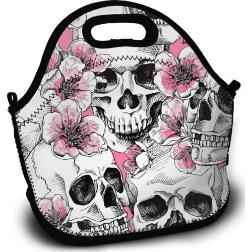 Portable Lunch Bag Skull And Pink Cherry Flowers Women Reusable Lunch Bags For Work Pinic Travel 2020 Casual Handbags