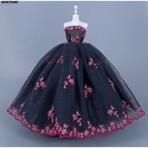 Black Red Flower Handmade Wedding Dress For Barbie Doll Clothes Outfits Party Gown 1/6 Dolls Accessories Kids Toys DIY