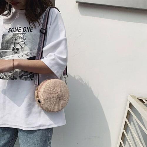 Women Fashion Round Shoulder Bag Ladies Straw Weave Summer Crossbody Tote