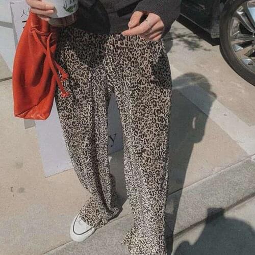 Johnature Summer Fashion Leopard Print Chiffon Wide Leg Pants Women 2021 New Casual All Match Elastic Waist Full Length Pants