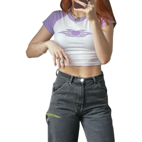 Womens Summer Casual Polyester Round Neck Crop Tops Short Sleeve Heart Flame Print Slim Fit Raglan T-Shirts