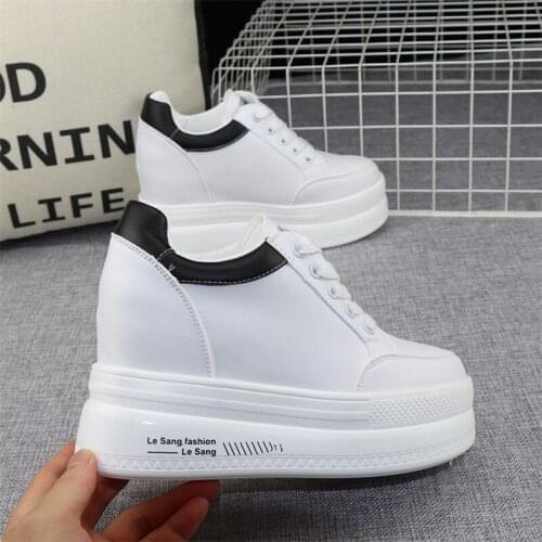Super High Heel 10cm Womens Shoes 2021 Autumn New Thick-soled Lace-up White Shoes All-match Wedge Casual Shoes Sneakers