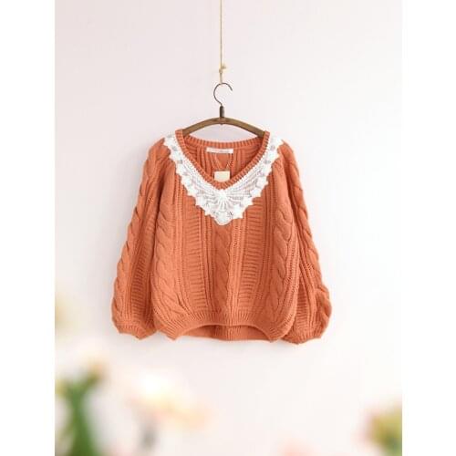 Sweet Mori Girl Lace Crochet Flower Embroidery Sweater Cute Lolita Pullover Wool Sweater Women Oersized Loose Casual Knitwear