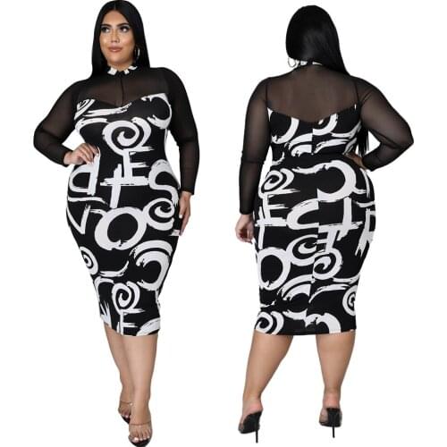 Mesh Patchwork Women Sexy Clubwear Dresses Plus Size Letter Print Round Collar Full Sleeve High Waist Bodycon See Through Dress
