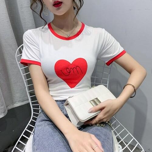 2021O Neck short Sleeve Shirt Women Sexy Tops summer Casual Slim Heart-shaped embroidery Basic Woman T Shirts woman tshirts