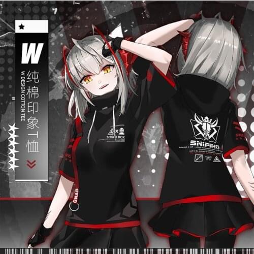 Anime Arknights W Black Student Hooded Short sleeve Tee Cosplay Costume Men Women Summer New Fashion Casual T-shirt Tops