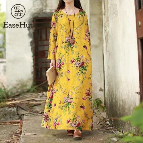 EaseHut Vintage Women Maxi Floral Dress Plus Size Long Sleeves Pockets O Neck Cotton Linen Loose Robe Femme Dresses Vestidos