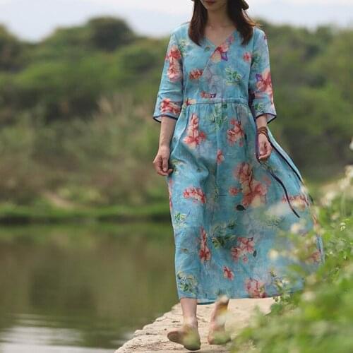FairyNatural Ladies Retro Print Floral Bandage Robes 2021 Summer New High Quality Women Ramie Dress V-Neck Seven Sleeve