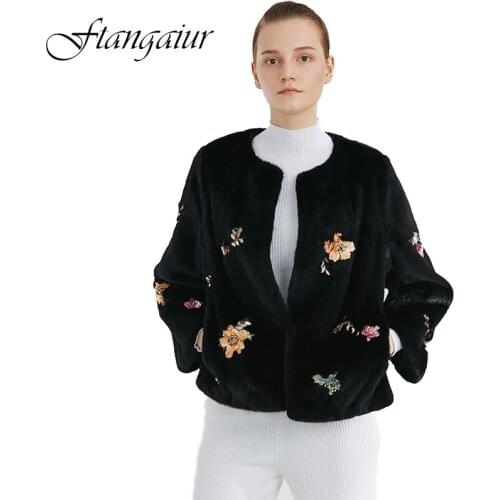 Ftangaiur 2019 Winter Import Velvet Mink Fur Coat O-Neck Diamonds Light Color Natural Fur Coat Womens Short Real Mink Fur Coats