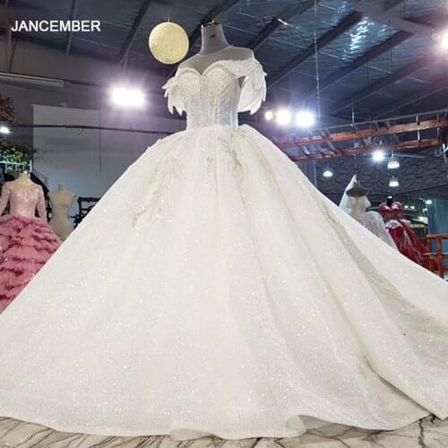 HTL1892 White Top Full Of Beads And Sequins Wedding Dress 2020 Luxury Short Sleeve Lace Up Back Ball Gowns