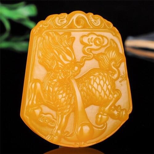 Chinese Yellow Kirin jade Pendant Beads Necklace Charm Jewellery Fashion Accessories Hand-Carved Man Amulet Gifts
