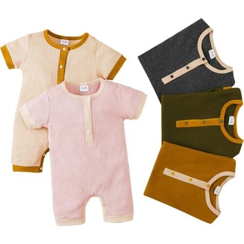 Lioraitiin 0-18m Newborn Infant Baby Boy Girl Summer Romper Short Sleeve Cotton Soft Solid Jumpsuit Casual Clothing