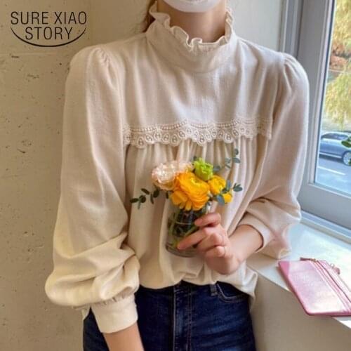 Korean Chic Lace Stitching Lantern Sleeve Pullover Ruffle Half-turtleneck Blouse Women Pleated Slim Cotton Bottoming Shirt 12487