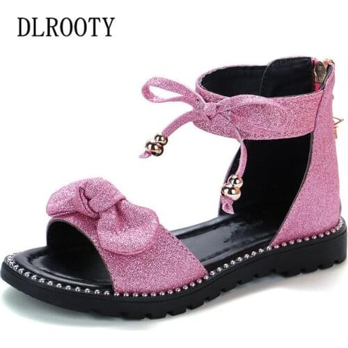 Summer Children Sandals Shoes Girls Gladiator Bowtie Bling Tassel Princess Kid Party Fashion Beach Hook & Loop Flat Toddler Baby