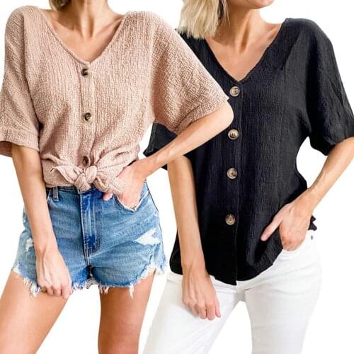Summer Ladies Fashion Short Sleeve T-shirt Solid Color Tops Loose Buttons V Neck T Shirts Ladies Casual Tee Tops