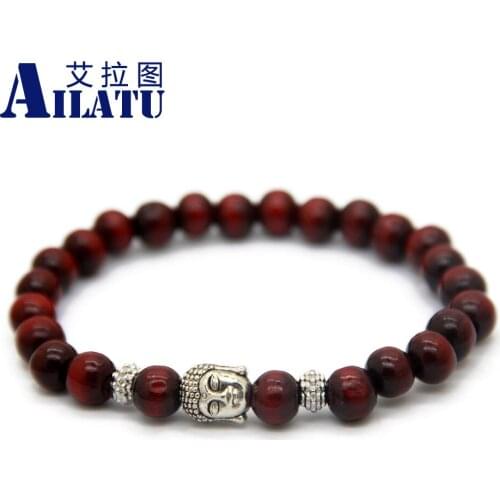 Ailatu Fashion Red and Black Tibetan Buddha Head Religion Yoga Prayer Mala Wood Bracelet Hombre Bracciali Mens Elastic Jewelry