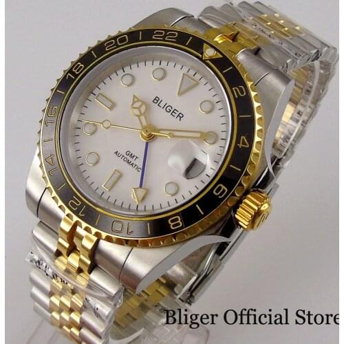 Luxury BLIGER Brand Automatic Men Watch GMT Date Indicator Screw Down Crown Rotating Bezel Two Tone Jubilee Strap