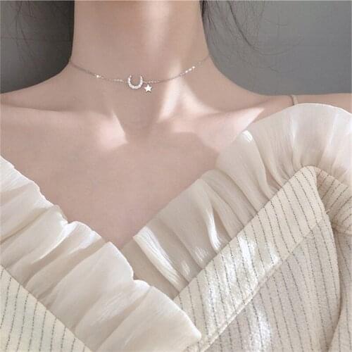 New Arrival Zircon Moon Star Design Pendant Necklace Female Clavicle Accessories Pure Silver 925 Women Clavicle Necklace Lady