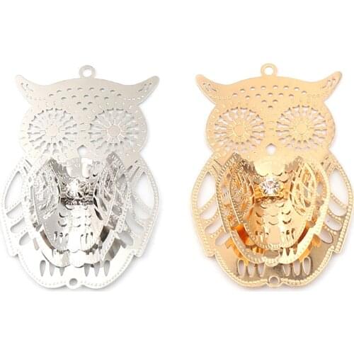 3 PCs Copper Filigree Stamping Pendants 3D Hollow Owl Animal Charms Clear Rhinestone 54mm X 35mm For DIY Jewelry Making