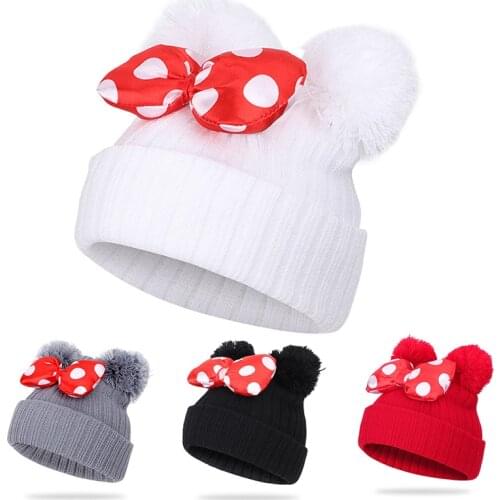 Cute Dot Cartoon Big Bow Baby Hat Cap Kids Knitted Cotton Beanie Spring Autumn Warm Girls Double Pompom Hats