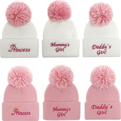 Mommys Boy Daddys girl New Baby Hat Embroidered Letter Wool Knitted Wool Ball Hat Boys and Girls' Autumn Winter Warm Hat