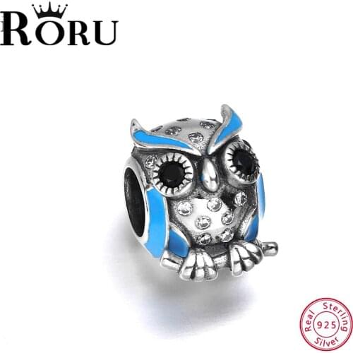 Charm Silver 925 RORU Owl Animal Charm Beads Pendant Bracelet DIY Jewelry