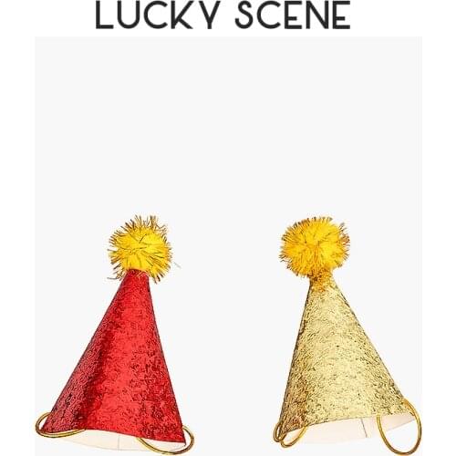Party Hat with Fuzzy Ball for Birthday Party Festival Wedding Party Accessories Red Gold Adults and Kids S00270