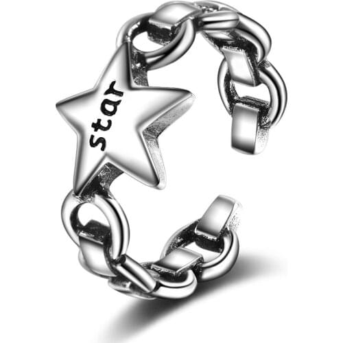 Vintage Punk pentagram Thai Size Ring 925 Sterling Silver Link Chain Adjustable Ring For Women Jewelry