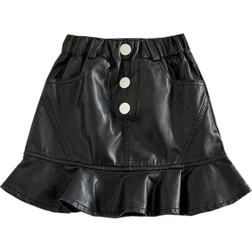 2021 Winter PU Leather Skirt For Girls Fashion Kids Clothing Student Skirts Girls Mermaid Skirts With Button
