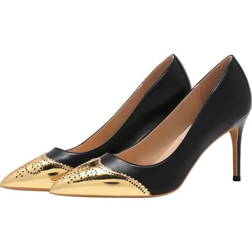 2021 New Fashion Metal Pointed Toe Black And Gold Color Matching Female High-heeled Sheepskin Comfortable Shoes
