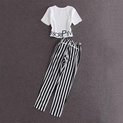 2019 Women Summer Fashion T-Shirts Sets Short Sleeve Letter Print Crop Tops And Striped Elastic Waist Pants Set