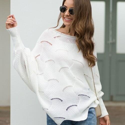2019 Autumn Winter European American Female Hollow Hook Flower Solid Color Sexy Irregular Lace Loose Sweater Bat Shirt AA97
