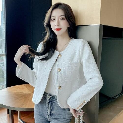 Autumn Winter White Black Wool Classic Jacket Women Tweed Woolen Coat Ladies Long Sleeve Pocket Casual Tops