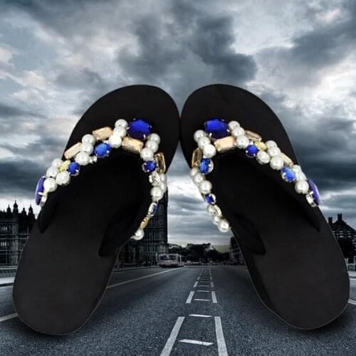 2019 EUR 35-41 Yeshitop Handcraft Pearls & Blue Rhinestone Flip Flops Platforms Beach Female Slides Women Sandals Slippers