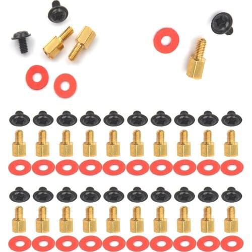 36pcs( 12x Screw+12x Motherboard Riser +12x Washer) 6.5mm 6-32-M3 Computer Golden Motherboard Riser+Black Screws + Red Washers