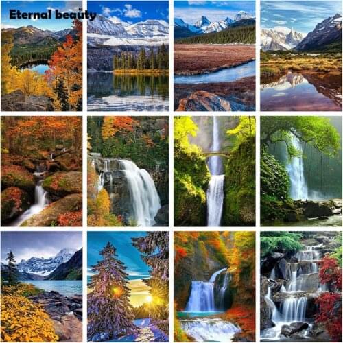 Diy Diamond Painting Landscape Waterfall Diamond Mosaic Mountain Trees Sunset Rhinestone Pictures Diamond Embroidery Home Decor