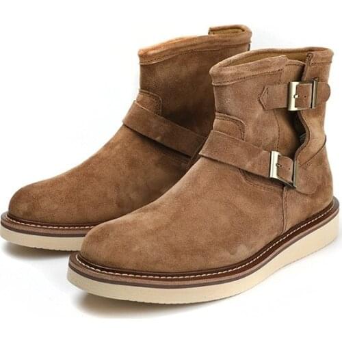 Yomior New Vintage Autumn Winter Casual Men Shoes Handmade High Quality Round Toe Cow Leather Ankle Boots Buckle Chelsea Boots