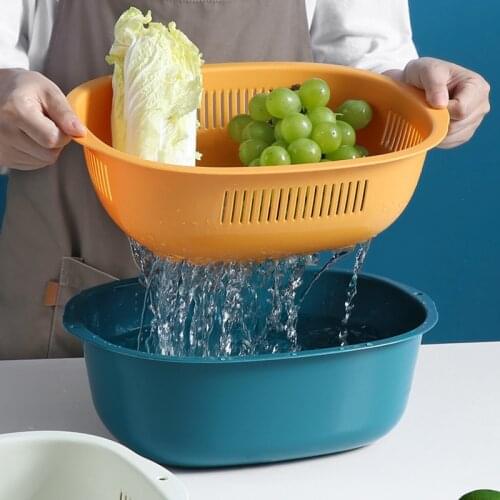 Household double-layer plastic drain basket kitchen washing basket vegetable and fruit storage basket vegetable sink Convenient