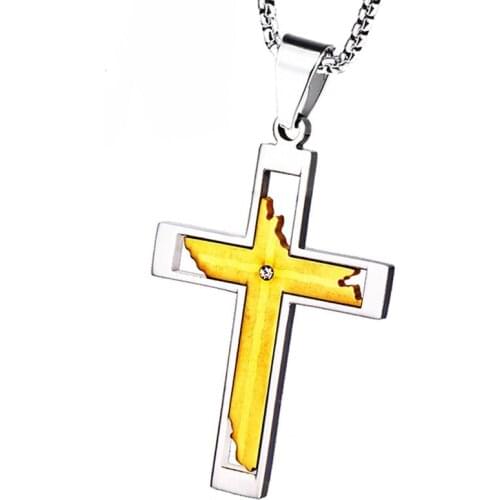 RIR Hollow Out Big Cross Pendants Necklaces For Men Chain Christian Jewelry Stainless Steel Two Tone Gold Color Trendy LP2047