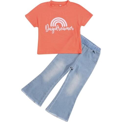 Kids Suit Set, Summer Rainbow Print O-Neck Short Sleeve T-Shirt+ Long Flared Jeans for Girls, Brick Red, 2-7 Years