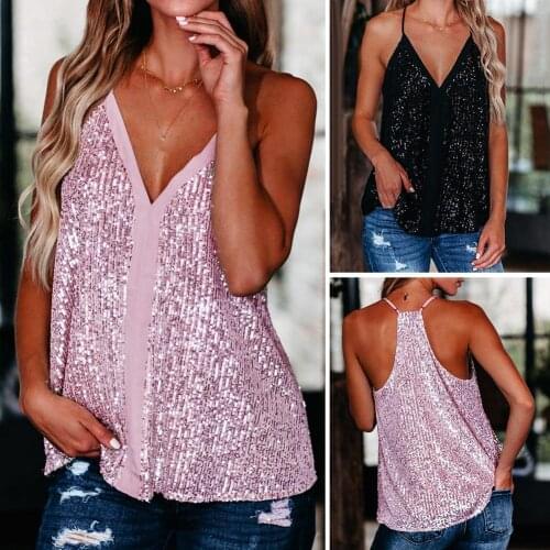 Women Sexy V Neck Sleeveless Sequins Adjustable Straps Camisole Loose Blouse Sexy V Neck Adjustable Straps Camisole Loose Blouse