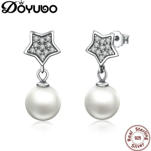 DOYUBO Antique Women 925 Sterling Silver Star Earrings Classical 8MM White Pearl Earrings Lady Hot Sale Dangle Earrings AFF024