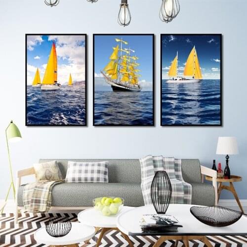Blue Sea And Yellow Sailboat Poster Print Landscape Canvas Painting Picture Aisle Home Wall Art Bedroom Modern Decoration Custom
